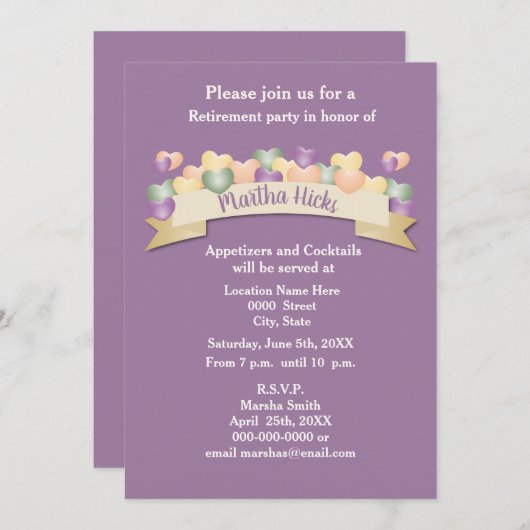 Uitnodiging tot pensionering/Paarse harten (Voorkant / Achterkant)