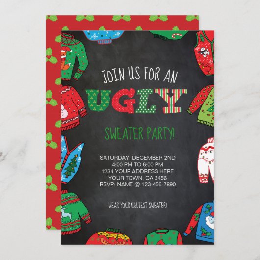 Uitnodiging tot persoonlijke Ugly Sweater Party (Voorkant / Achterkant)