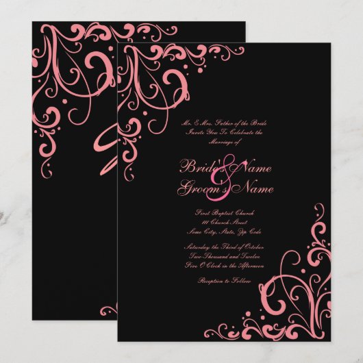 Uitnodiging tot roze en zwarte bruiloft (Voorkant / Achterkant)