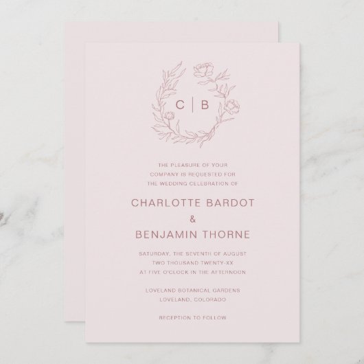 Uitnodiging tot roze Monogram bruiloft (Voorkant / Achterkant)