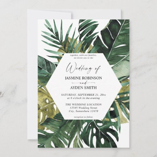Uitnodiging tot Tropisch Palm Leaf Wedding (Voorkant)