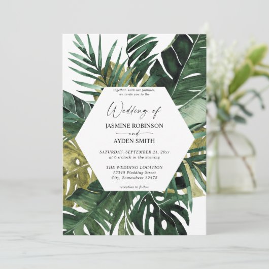 Uitnodiging tot Tropisch Palm Leaf Wedding (Staand voorkant)