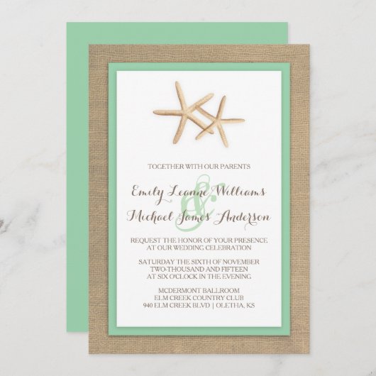 Uitnodiging tot Tropische bruiloft Starfish Burlap (Voorkant / Achterkant)