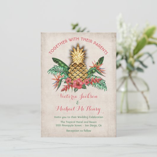 Uitnodiging tot Tropische Golden Pineapple Wedding (Staand voorkant)