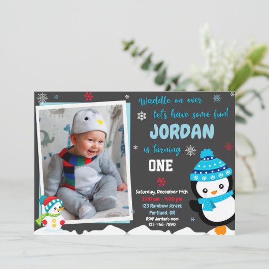 Uitnodiging tot verjaardag van Penguin (Staand voorkant)