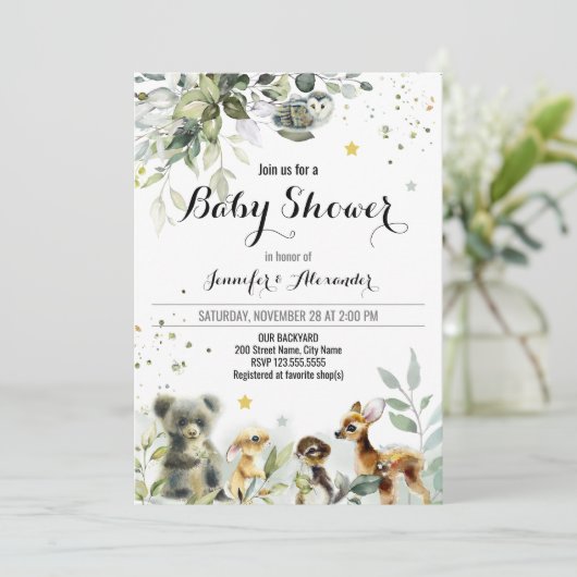 Uitnodiging tot Waterverf Baby shower Woodland (Staand voorkant)