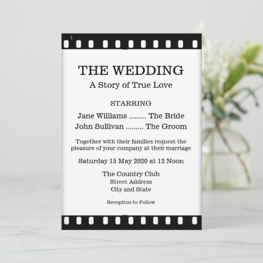 Uitnodiging tot weddenschap met een filmthema (Staand voorkant)