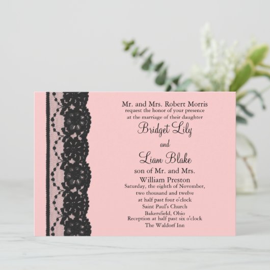 Uitnodiging tot weddenschap met Franse kant (roze) (Staand voorkant)