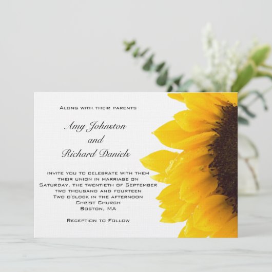 Uitnodiging tot weddenschap met geel zonnebloem |  (Staand voorkant)