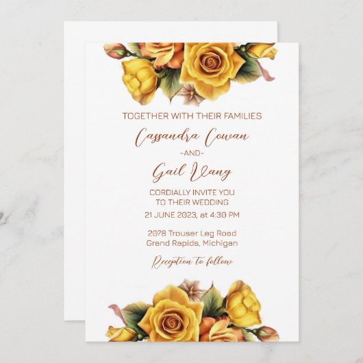 Uitnodiging tot weddenschap met gele rozen (Voorkant / Achterkant)