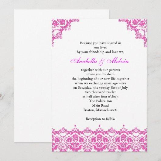 Uitnodiging tot weddenschap met roze kant (Voorkant / Achterkant)