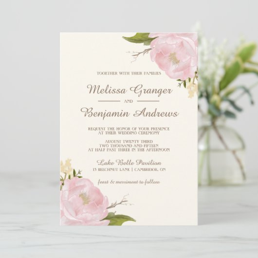 uitnodiging tot weddenschap met roze volken (Staand voorkant)