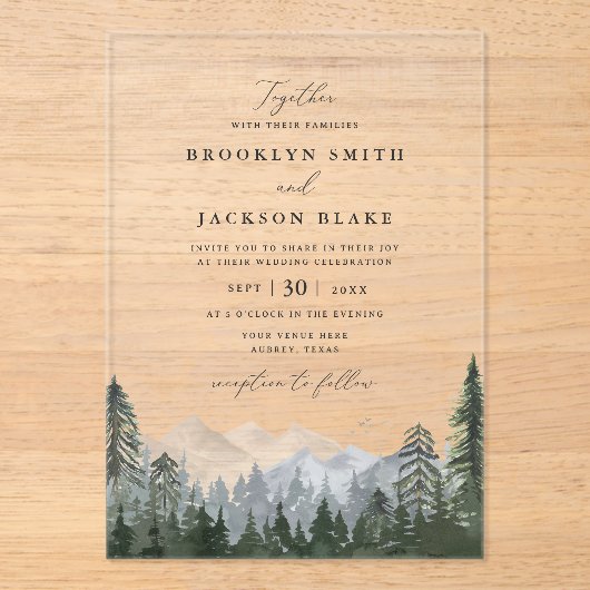 Uitnodiging tot weddenschap over Rustige bergdenbo Acryl Uitnodigingen (Voorkant)