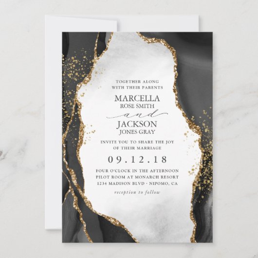 Uitnodiging tot weduwschap in zwart, goud en grijs (Voorkant)