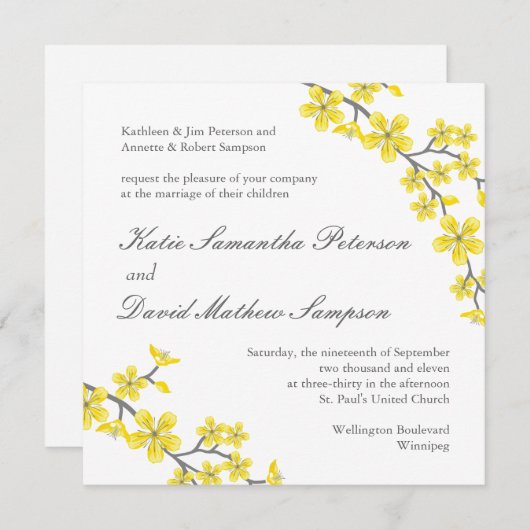 Uitnodiging tot weduwschap met gele en grijze bloe (Voorkant / Achterkant)