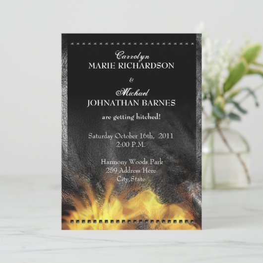 Uitnodiging tot weduwschap met leder en vlammen (Staand voorkant)