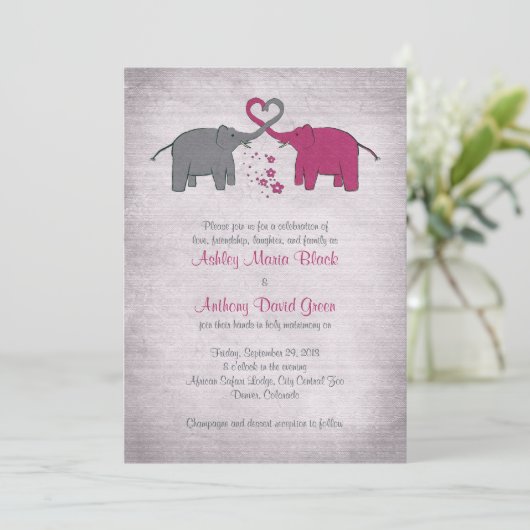 Uitnodiging tot weduwschap met roze en grijze olif (Staand voorkant)