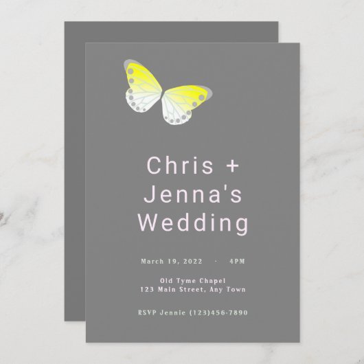 Uitnodiging tot weduwschap rond witte en gele vlin (Voorkant / Achterkant)