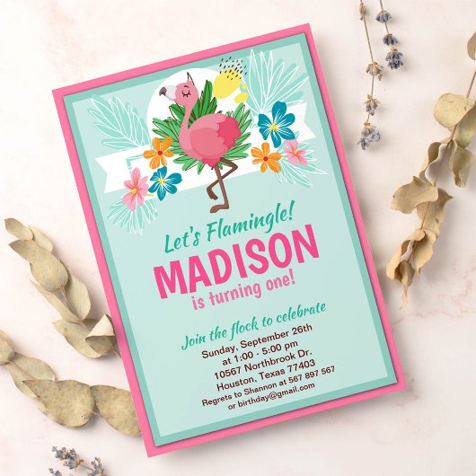 Uitnodiging Tropical Flamingo Birthday Party
