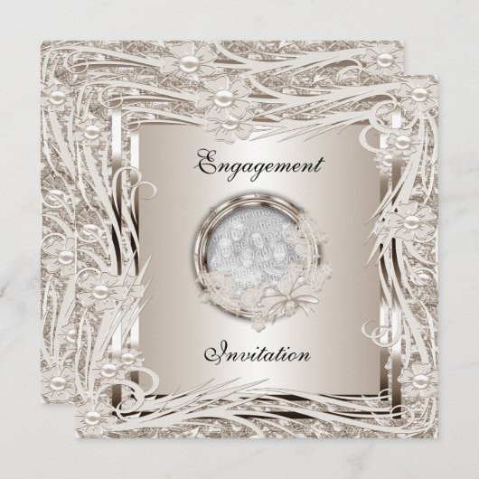 Uitnodiging Trouw Verloving Sepia Bloem Frame (Voorkant / Achterkant)