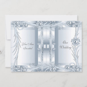 Uitnodiging Trouwfeest Zilver Blauw Art Deco Bloem