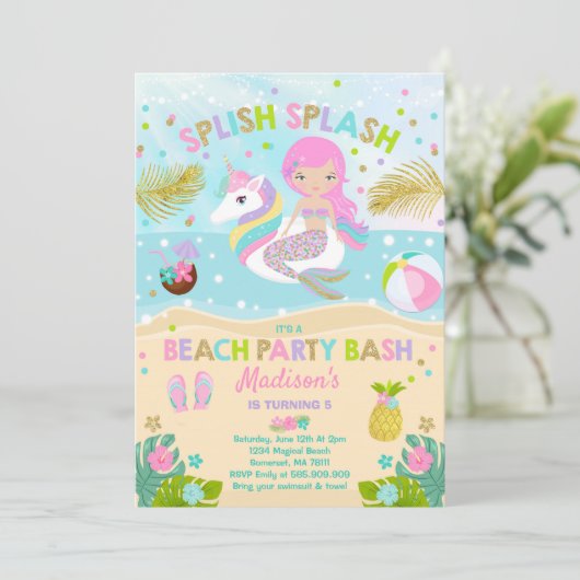 Uitnodiging Unicorn en Mermaid Beach Party (Staand voorkant)