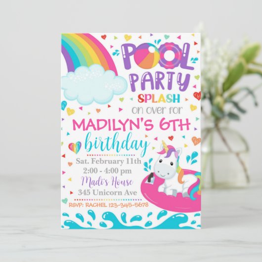 Uitnodiging Unicorn Pool | Pool Party Invite (Staand voorkant)