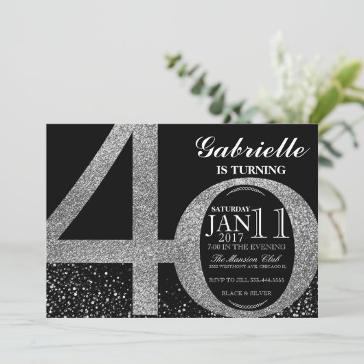 uitnodiging van 40e verjaardag, zwarte en zilvergl (Staand voorkant)