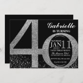 uitnodiging van 40e verjaardag, zwarte en zilvergl (Voorkant / Achterkant)