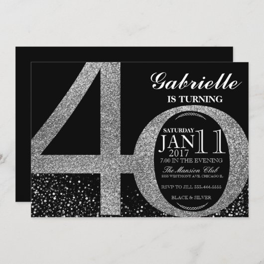 uitnodiging van 40e verjaardag, zwarte en zilvergl (Voorkant / Achterkant)