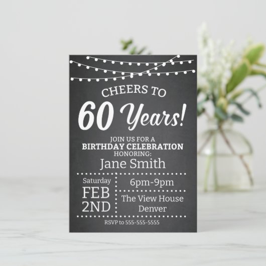 Uitnodiging van 60e verjaardag - Zwart-wit - Cheer (Staand voorkant)