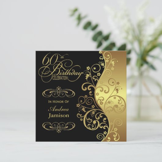 Uitnodiging van Black and Gold 60th Birthday Party (Staand voorkant)