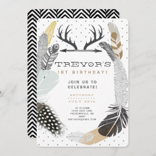 Uitnodiging van Black Boho Feather Birthday