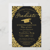 Uitnodiging van Black Gold Confetti Graduation Par (Voorkant)