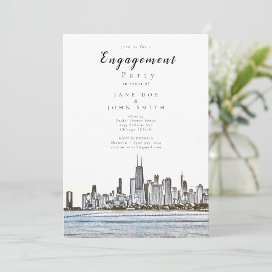 Uitnodiging van Chicago Skyline Engagement Party (Staand voorkant)
