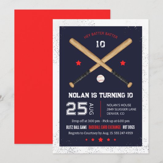 Uitnodiging van de Baseball Birthday Party (Voorkant / Achterkant)