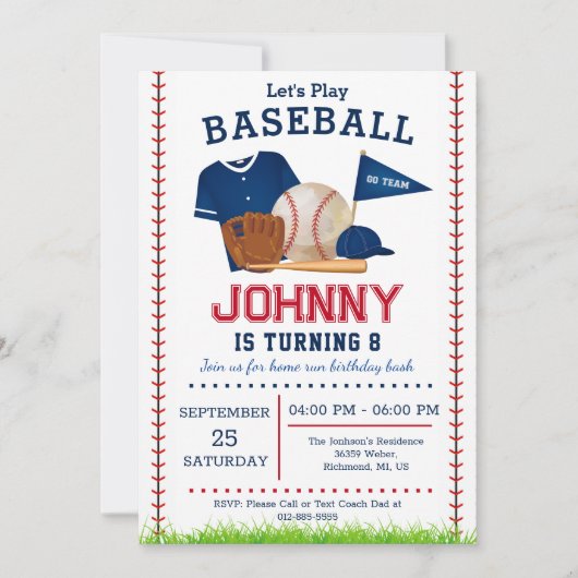 Uitnodiging van de Baseball Birthday Party (Voorkant)