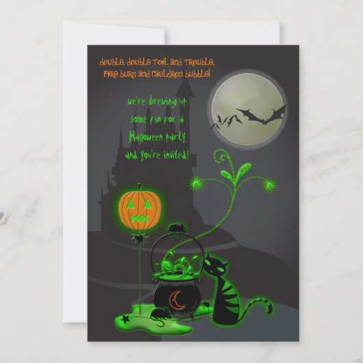 Uitnodiging van de Black Cat en Cauldron Halloween (Voorkant)