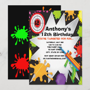 uitnodiging van de Colorful Paintball Birthday Par