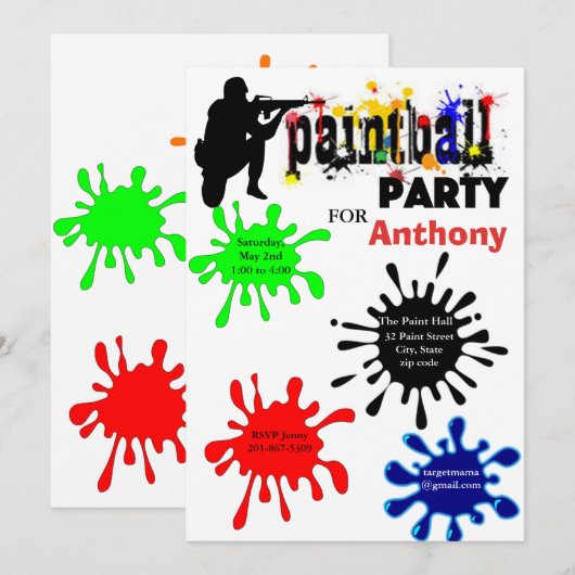uitnodiging van de Colorful Paintball Birthday Par (Voorkant / Achterkant)
