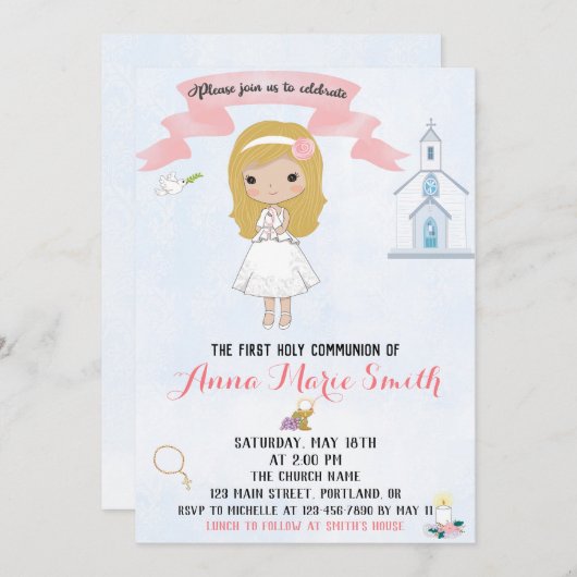 Uitnodiging van de eerste Heilige Communie (Voorkant / Achterkant)