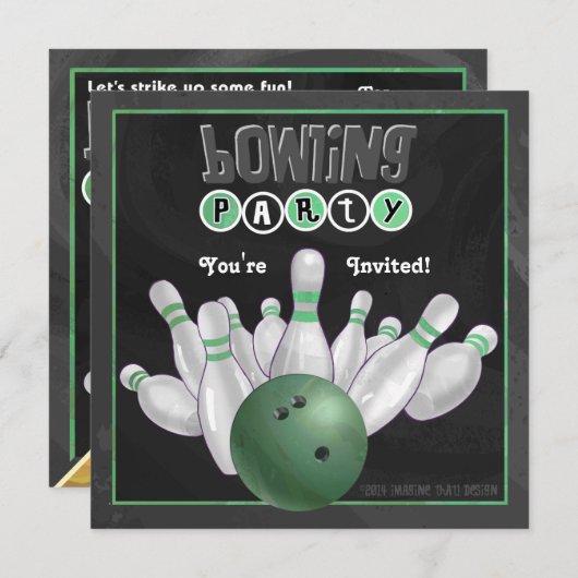 Uitnodiging van de groene Bowling-partij (Voorkant / Achterkant)