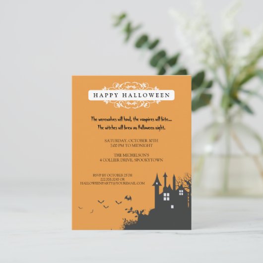 Uitnodiging van de Hauning House Halloween Party (Staand voorkant)