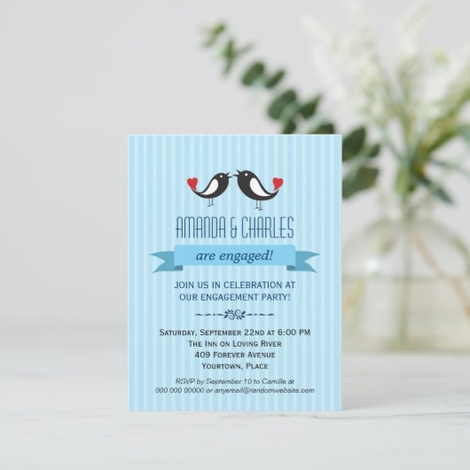 Uitnodiging van de Lovevogels Blue Engagement Part (Staand voorkant)