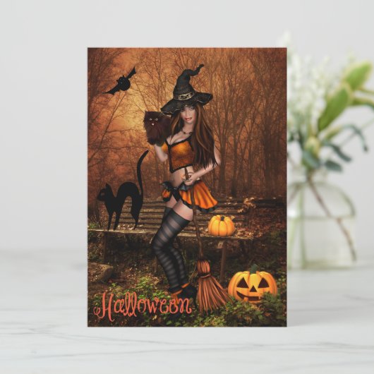 Uitnodiging van de partij Halloween met heks (Staand voorkant)