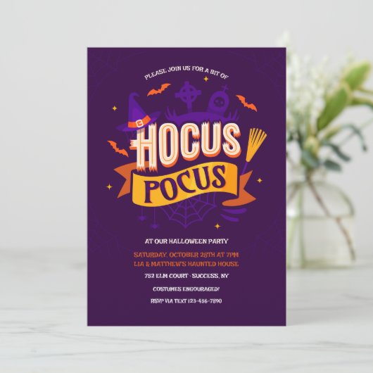 Uitnodiging van de partij Hocus Pocus Halloween (Staand voorkant)