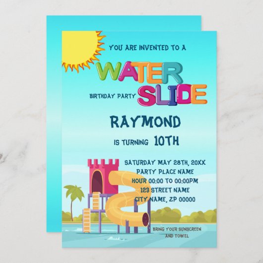 Uitnodiging van de partij Waterslide Birthday (Voorkant / Achterkant)