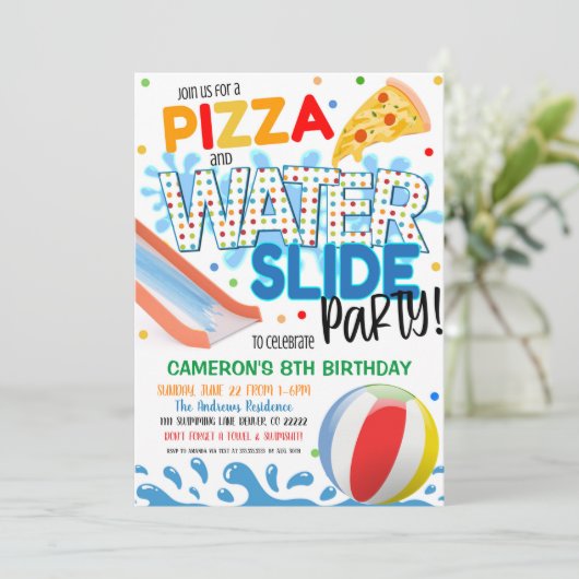 Uitnodiging van de Pizza- en de Waterslide-partij (Staand voorkant)