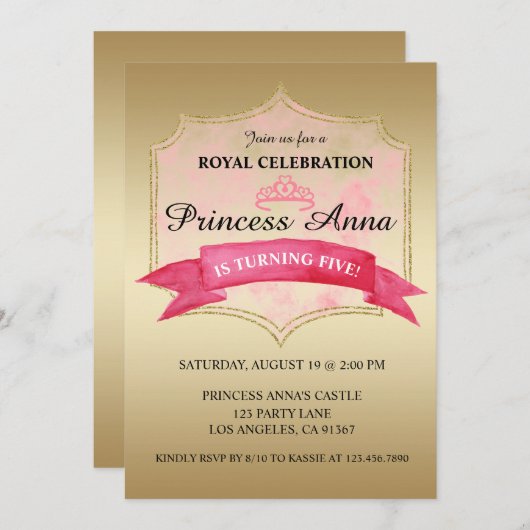 uitnodiging van de roze prinses Royal Birthday Par (Voorkant / Achterkant)