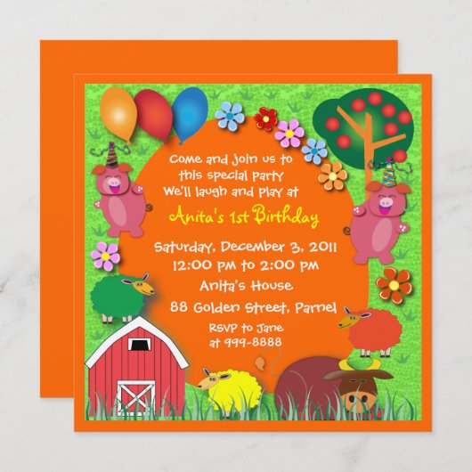 Uitnodiging van de verjaardag: 004 Boerderij (Voorkant / Achterkant)